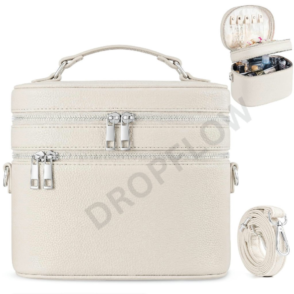 Leather Makeup Bag Organizer Double Layer Vanity Travel Cosmetic Jewelry Case
